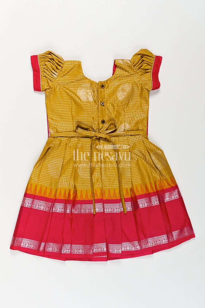 Girls Raw Silk Short Frocks in Semi Kanchivaram with Traditional Pink and Mustard Zari Border and Puff Sleeves