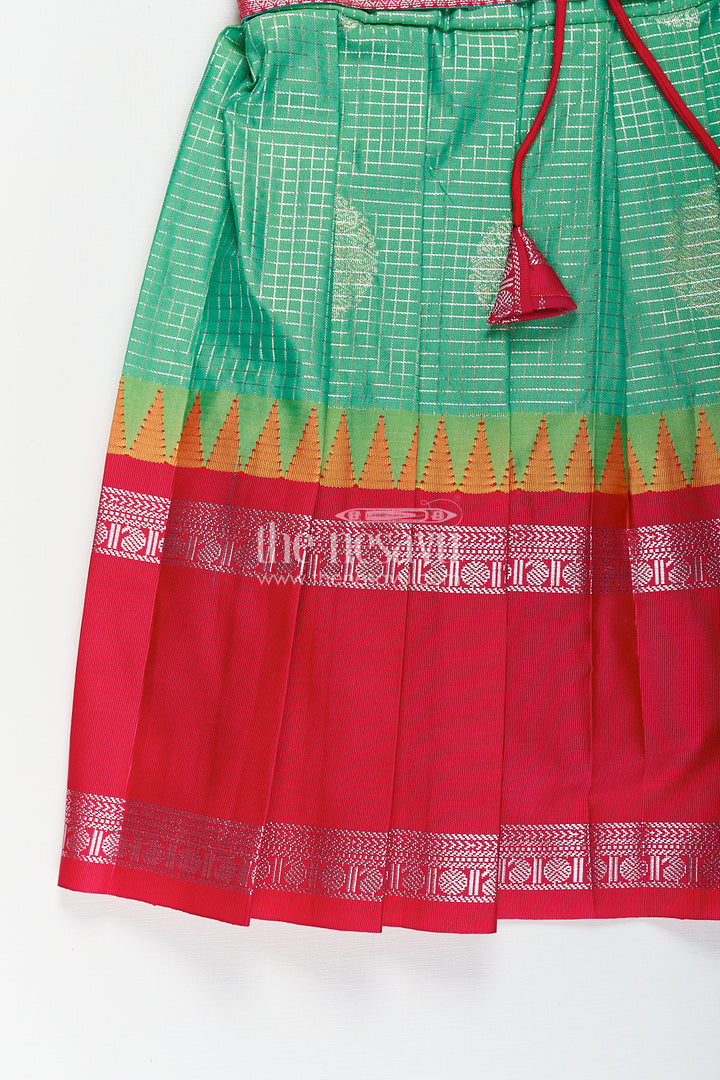 Girls Silk Material Frock Design in Semi Kanchivaram with Green Pleated Skirt and Pink Brocade Yoke