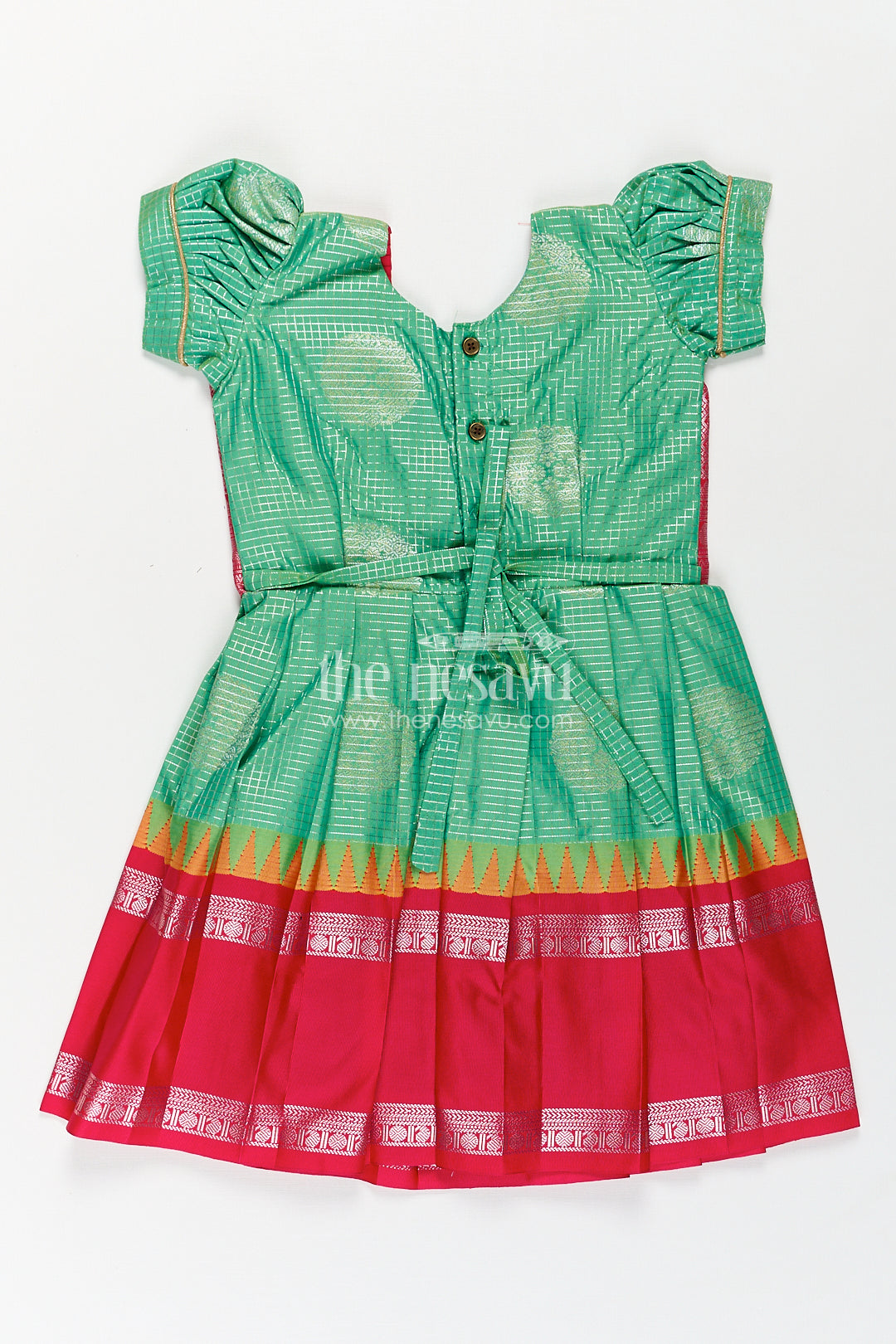 Girls Silk Material Frock Design in Semi Kanchivaram with Green Pleated Skirt and Pink Brocade Yoke