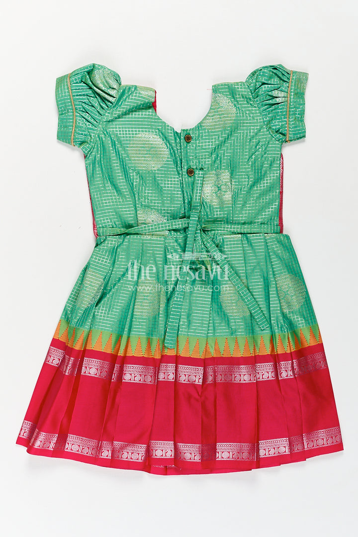 Girls Silk Material Frock Design in Semi Kanchivaram with Green Pleated Skirt and Pink Brocade Yoke