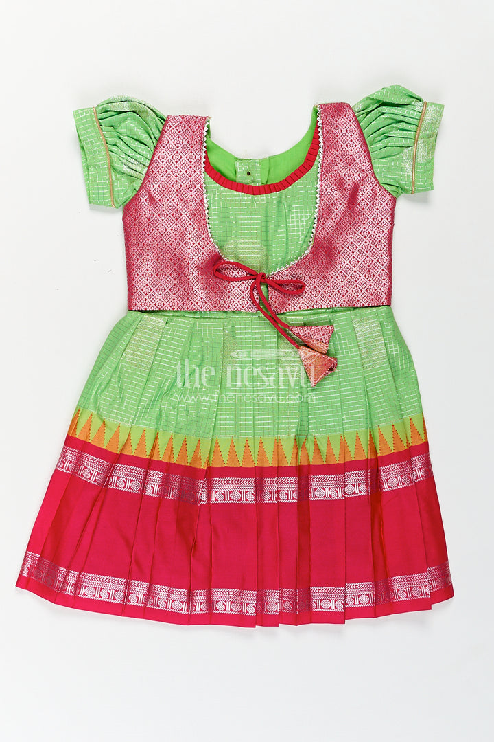 Girls Silky Long Frock in Semi Kanchivaram with Rich Pink Zari Pleats and Green Patterned Bodice
