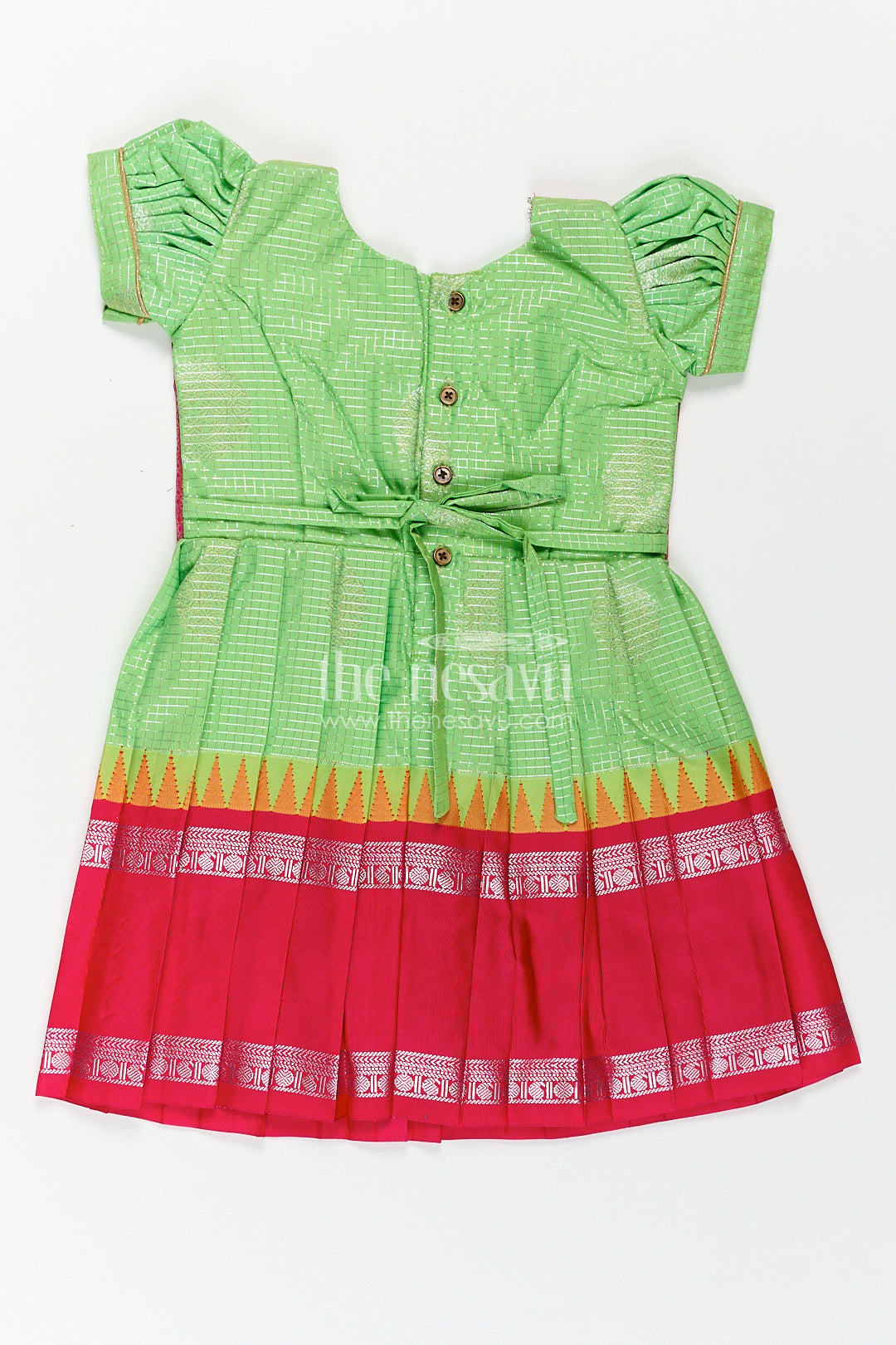 Girls Silky Long Frock in Semi Kanchivaram with Rich Pink Zari Pleats and Green Patterned Bodice