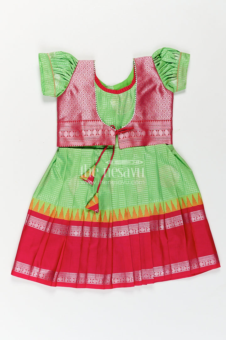 Girls Silky Long Frock in Semi Kanchivaram with Rich Pink Zari Pleats and Green Patterned Bodice