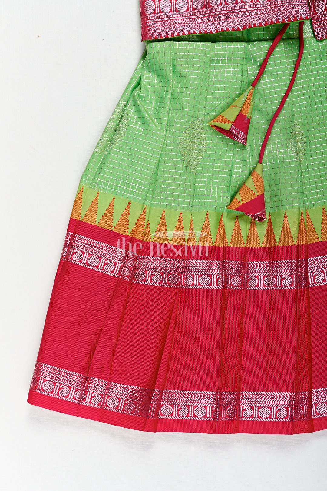 Girls Silky Long Frock in Semi Kanchivaram with Rich Pink Zari Pleats and Green Patterned Bodice