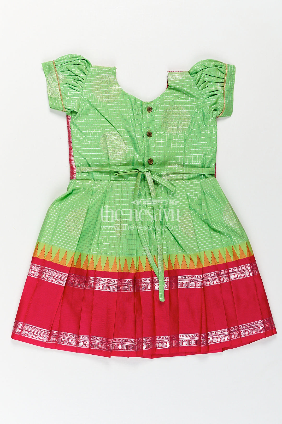 Girls Silky Long Frock in Semi Kanchivaram with Rich Pink Zari Pleats and Green Patterned Bodice