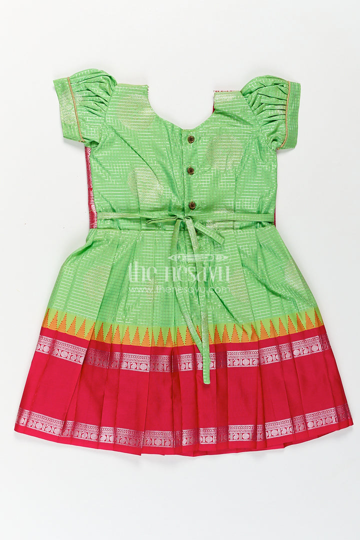 Girls Silky Long Frock in Semi Kanchivaram with Rich Pink Zari Pleats and Green Patterned Bodice