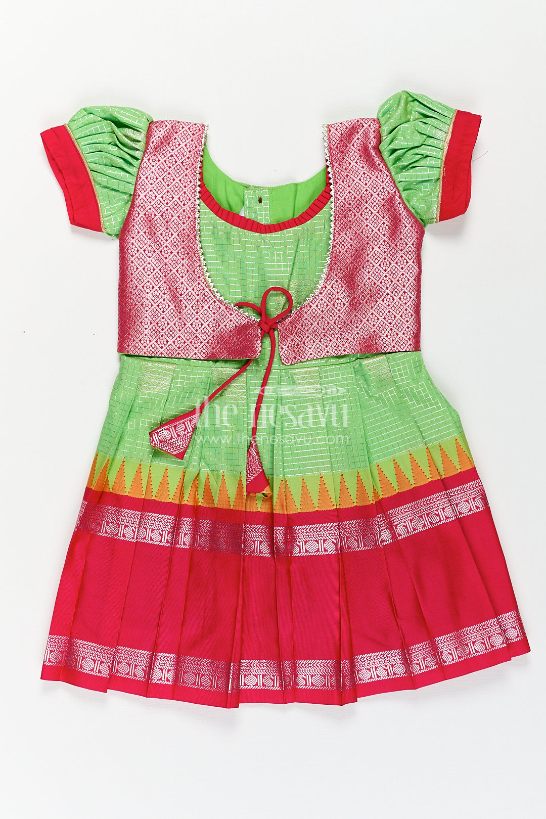 Girls Silky Long Frock in Semi Kanchivaram with Rich Pink Zari Pleats and Green Patterned Bodice