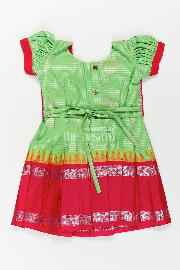 Girls Silky Long Frock in Semi Kanchivaram with Rich Pink Zari Pleats and Green Patterned Bodice