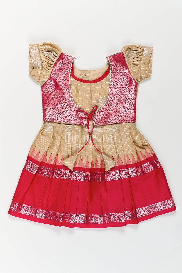 Girls Simple Silk Frocks in Semi Kanchivaram with Golden Bodice and Pink Zari Pleated Skirt and Puff Sleeves