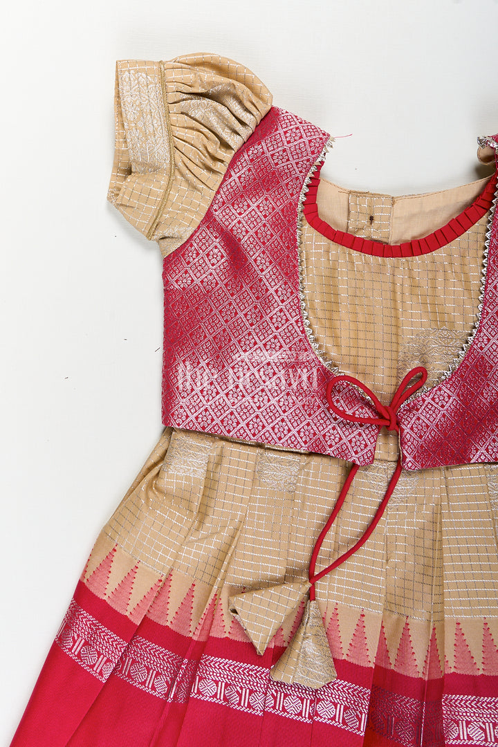 Girls Simple Silk Frocks in Semi Kanchivaram with Golden Bodice and Pink Zari Pleated Skirt and Puff Sleeves
