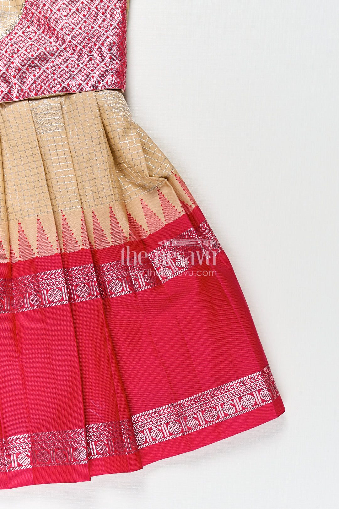 Girls Simple Silk Frocks in Semi Kanchivaram with Golden Bodice and Pink Zari Pleated Skirt and Puff Sleeves