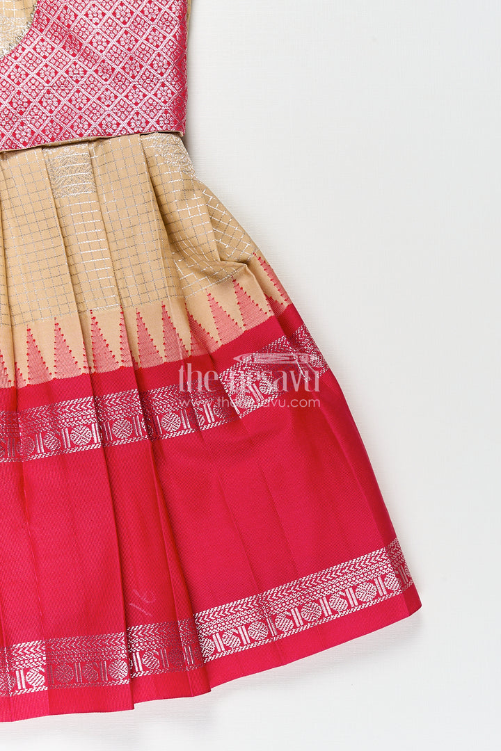 Girls Simple Silk Frocks in Semi Kanchivaram with Golden Bodice and Pink Zari Pleated Skirt and Puff Sleeves