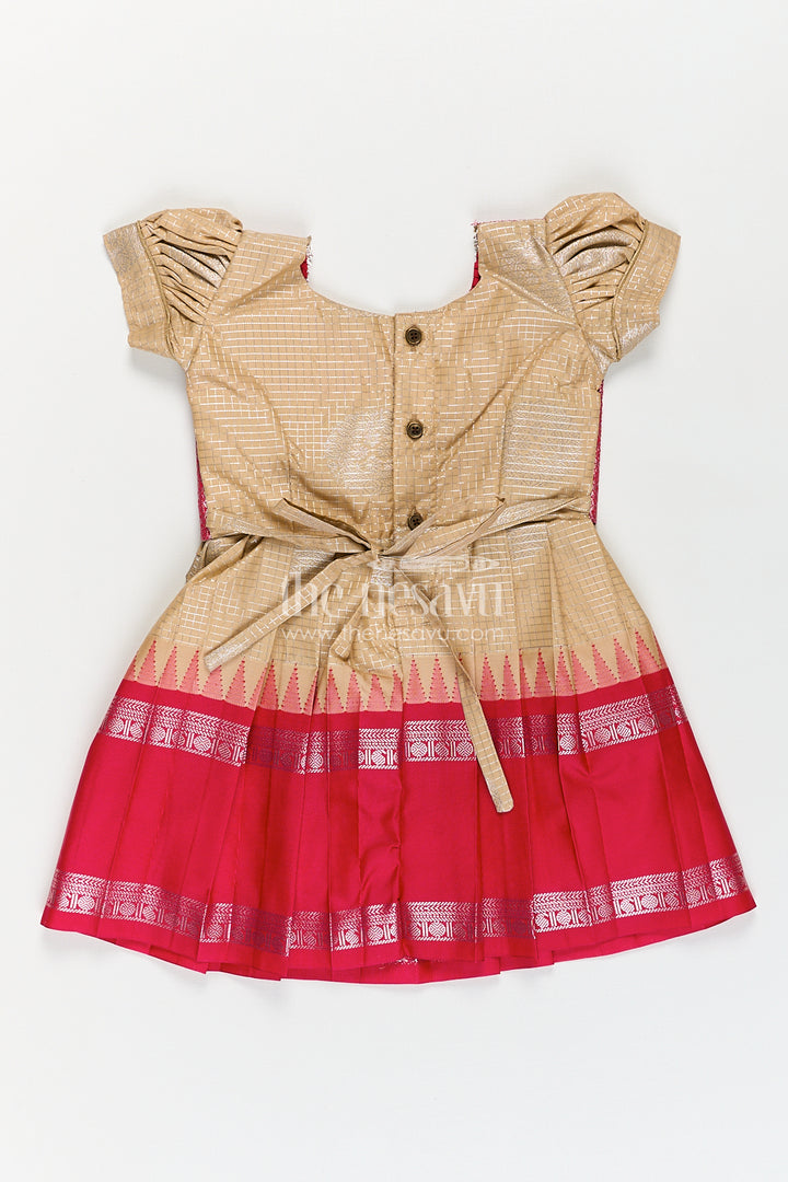 Girls Simple Silk Frocks in Semi Kanchivaram with Golden Bodice and Pink Zari Pleated Skirt and Puff Sleeves