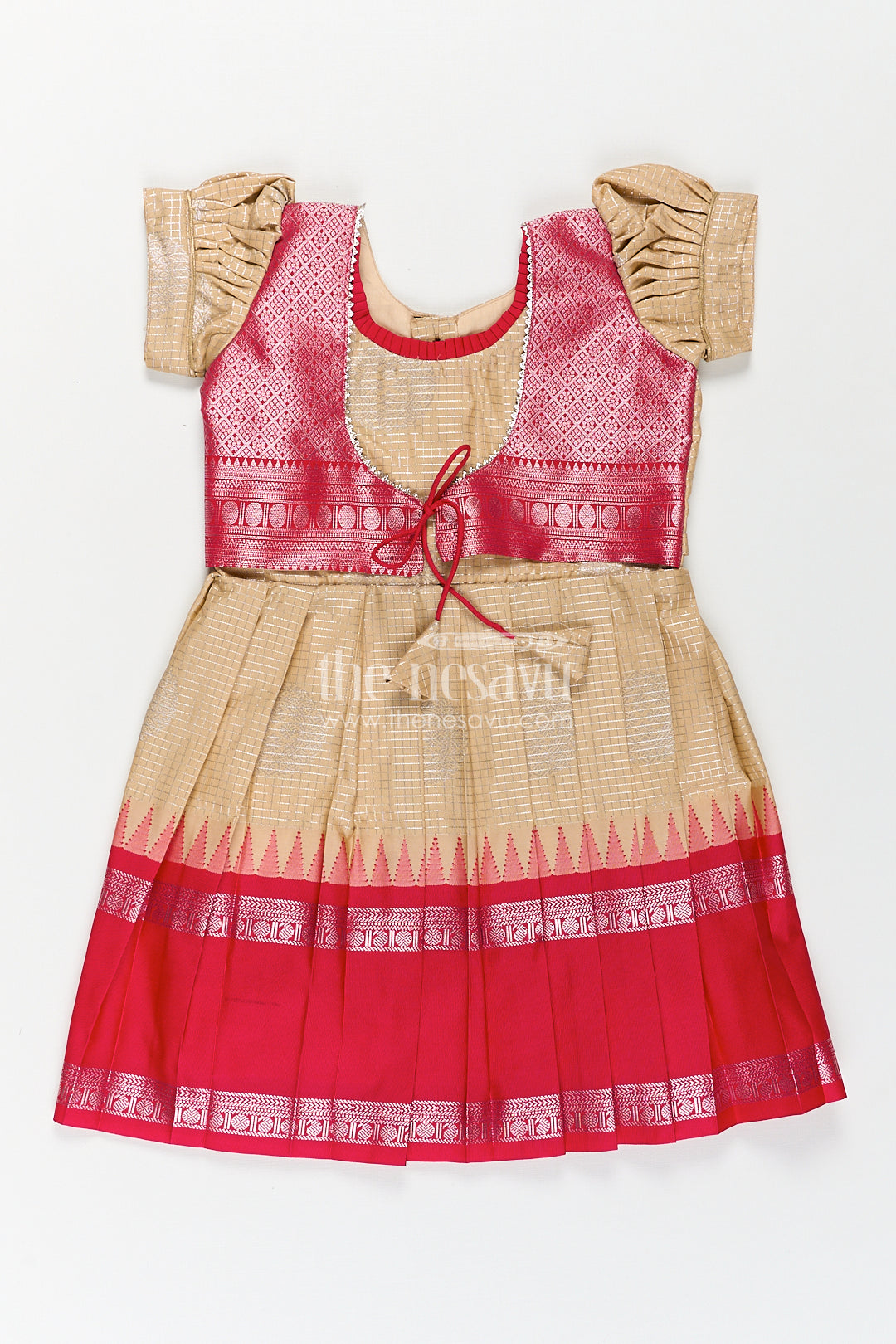 Girls Simple Silk Frocks in Semi Kanchivaram with Golden Bodice and Pink Zari Pleated Skirt and Puff Sleeves