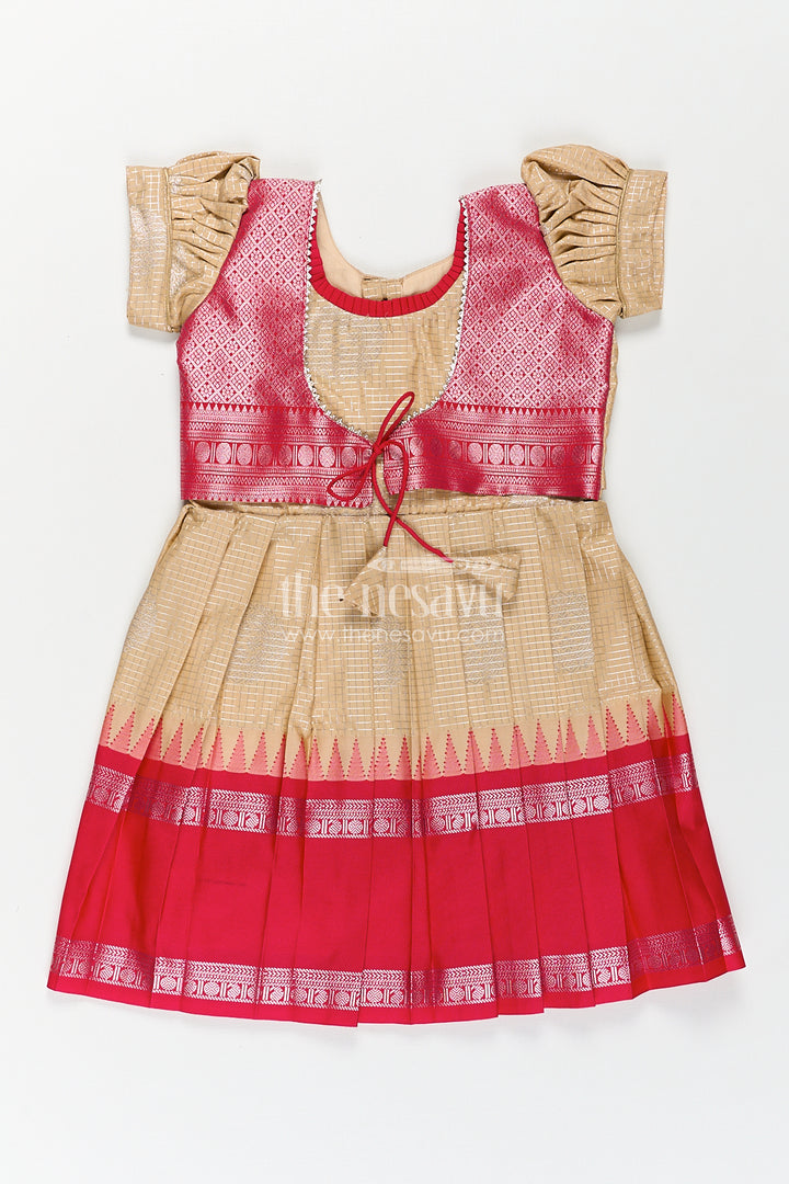 Girls Simple Silk Frocks in Semi Kanchivaram with Golden Bodice and Pink Zari Pleated Skirt and Puff Sleeves