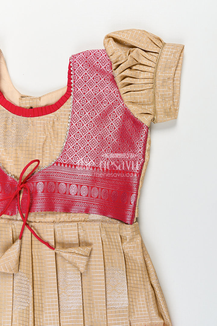Girls Simple Silk Frocks in Semi Kanchivaram with Golden Bodice and Pink Zari Pleated Skirt and Puff Sleeves