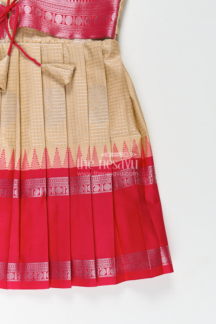 Girls Simple Silk Frocks in Semi Kanchivaram with Golden Bodice and Pink Zari Pleated Skirt and Puff Sleeves