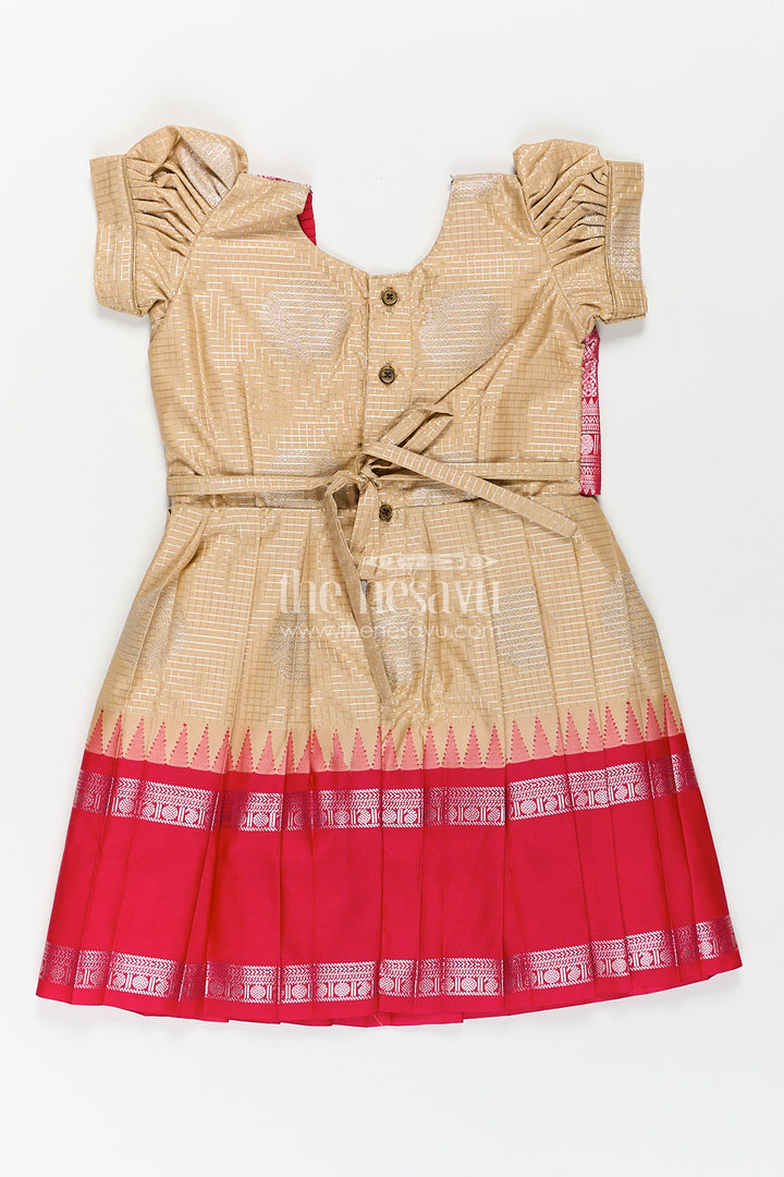 Girls Simple Silk Frocks in Semi Kanchivaram with Golden Bodice and Pink Zari Pleated Skirt and Puff Sleeves