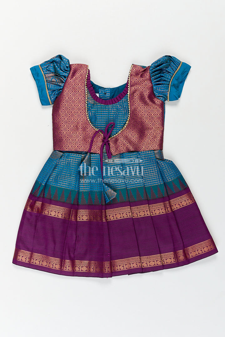 Girls Kanchivaram Frock Silk Design in Blue and Purple with Puff Sleeves and Rich Zari Woven Patterns