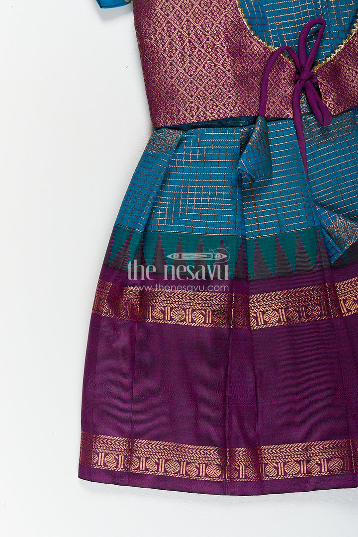 Girls Kanchivaram Frock Silk Design in Blue and Purple with Puff Sleeves and Rich Zari Woven Patterns