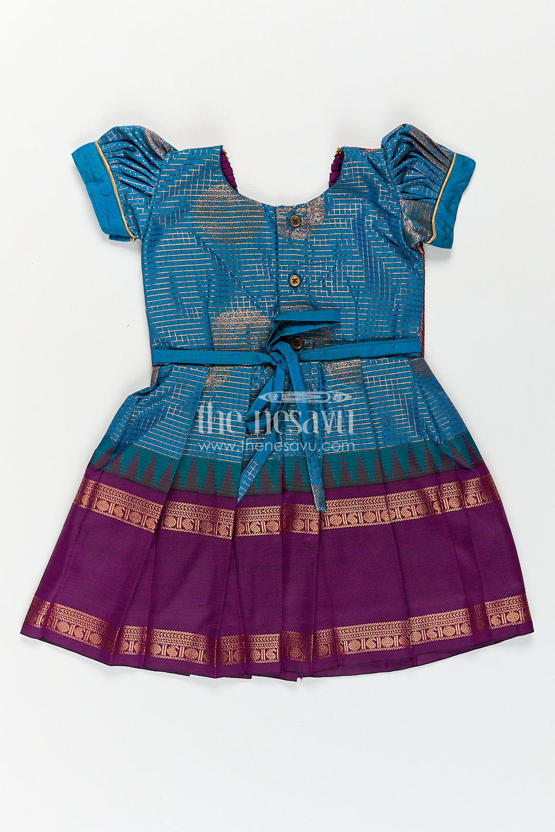 Girls Kanchivaram Frock Silk Design in Blue and Purple with Puff Sleeves and Rich Zari Woven Patterns