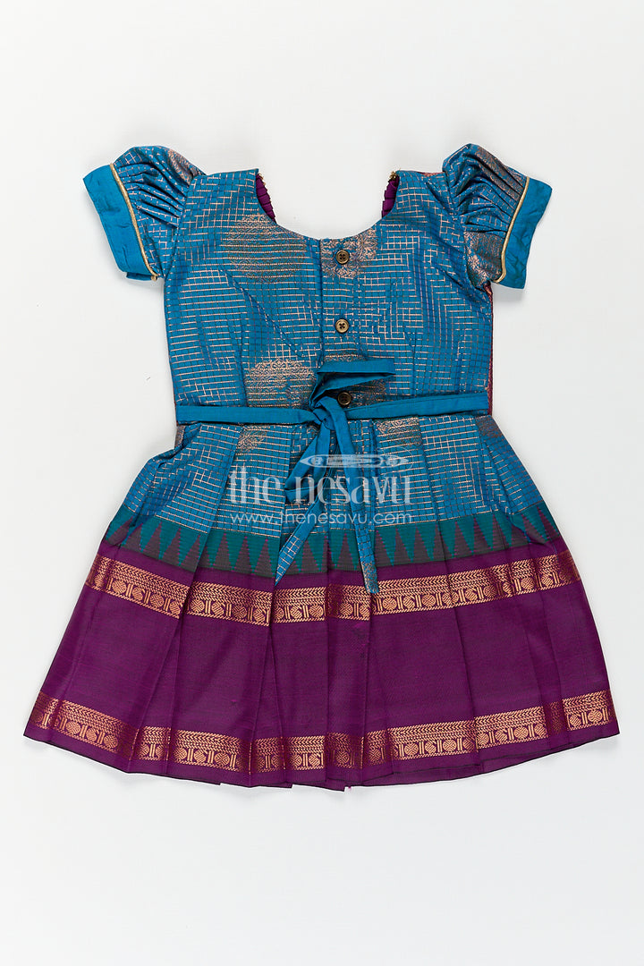 Girls Kanchivaram Frock Silk Design in Blue and Purple with Puff Sleeves and Rich Zari Woven Patterns