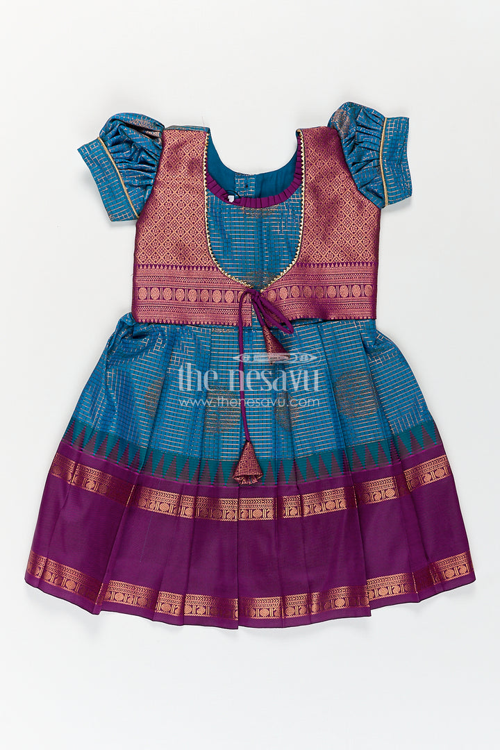 Girls Kanchivaram Frock Silk Design in Blue and Purple with Puff Sleeves and Rich Zari Woven Patterns