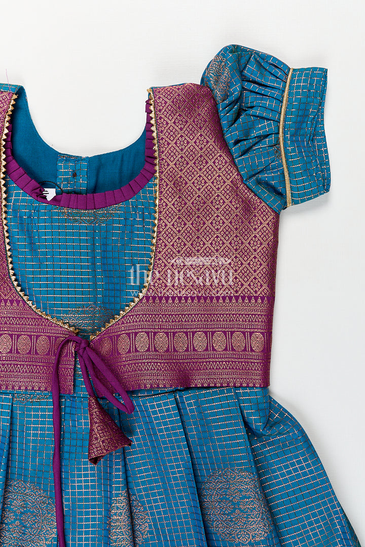 Girls Kanchivaram Frock Silk Design in Blue and Purple with Puff Sleeves and Rich Zari Woven Patterns