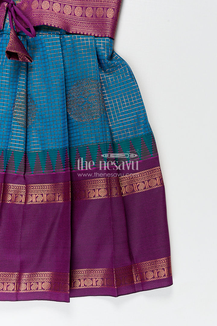 Girls Kanchivaram Frock Silk Design in Blue and Purple with Puff Sleeves and Rich Zari Woven Patterns