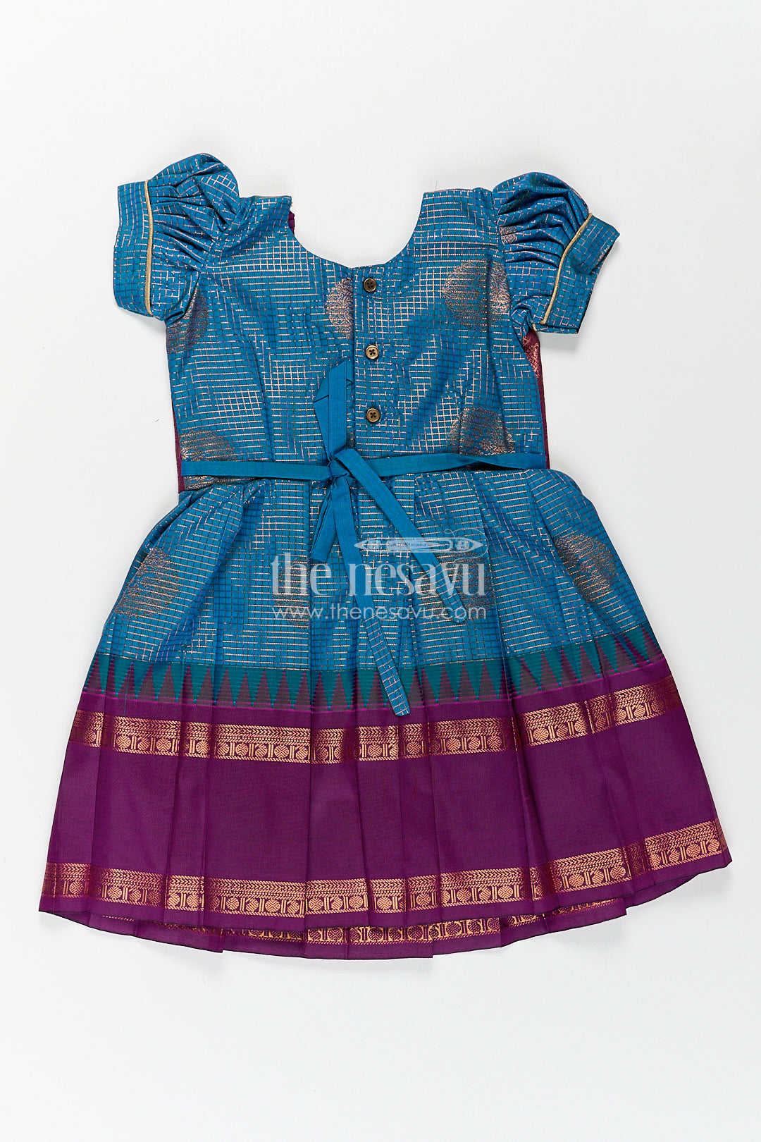 Girls Kanchivaram Frock Silk Design in Blue and Purple with Puff Sleeves and Rich Zari Woven Patterns