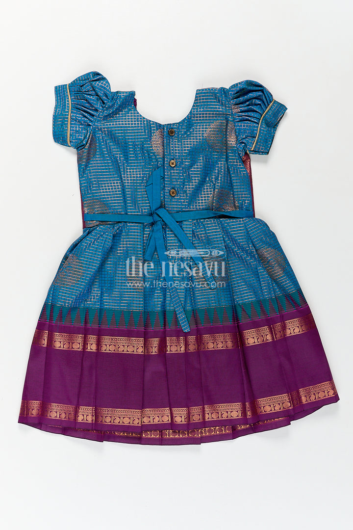 Girls Kanchivaram Frock Silk Design in Blue and Purple with Puff Sleeves and Rich Zari Woven Patterns