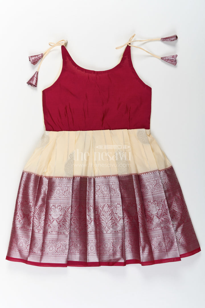 Girls Silk Dress Maroon in Semi Kanchivaram with Tie-Up Sleeves and Elegant Golden Pleated Zari Border Skirt