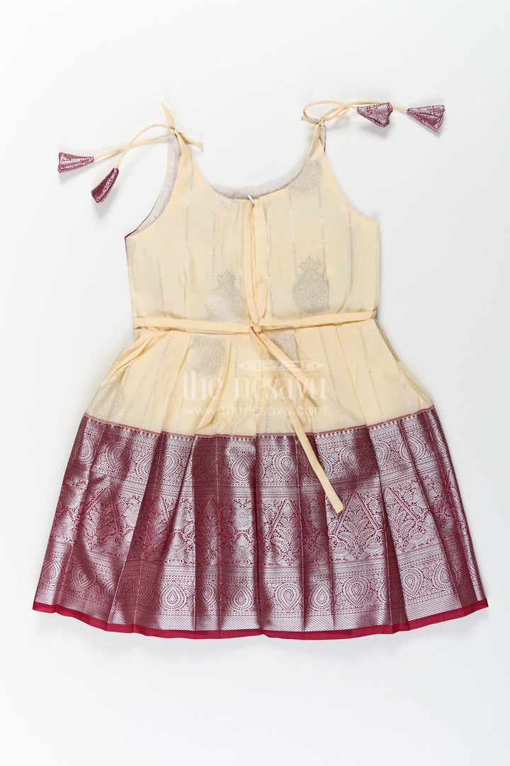 Girls Silk Dress Maroon in Semi Kanchivaram with Tie-Up Sleeves and Elegant Golden Pleated Zari Border Skirt