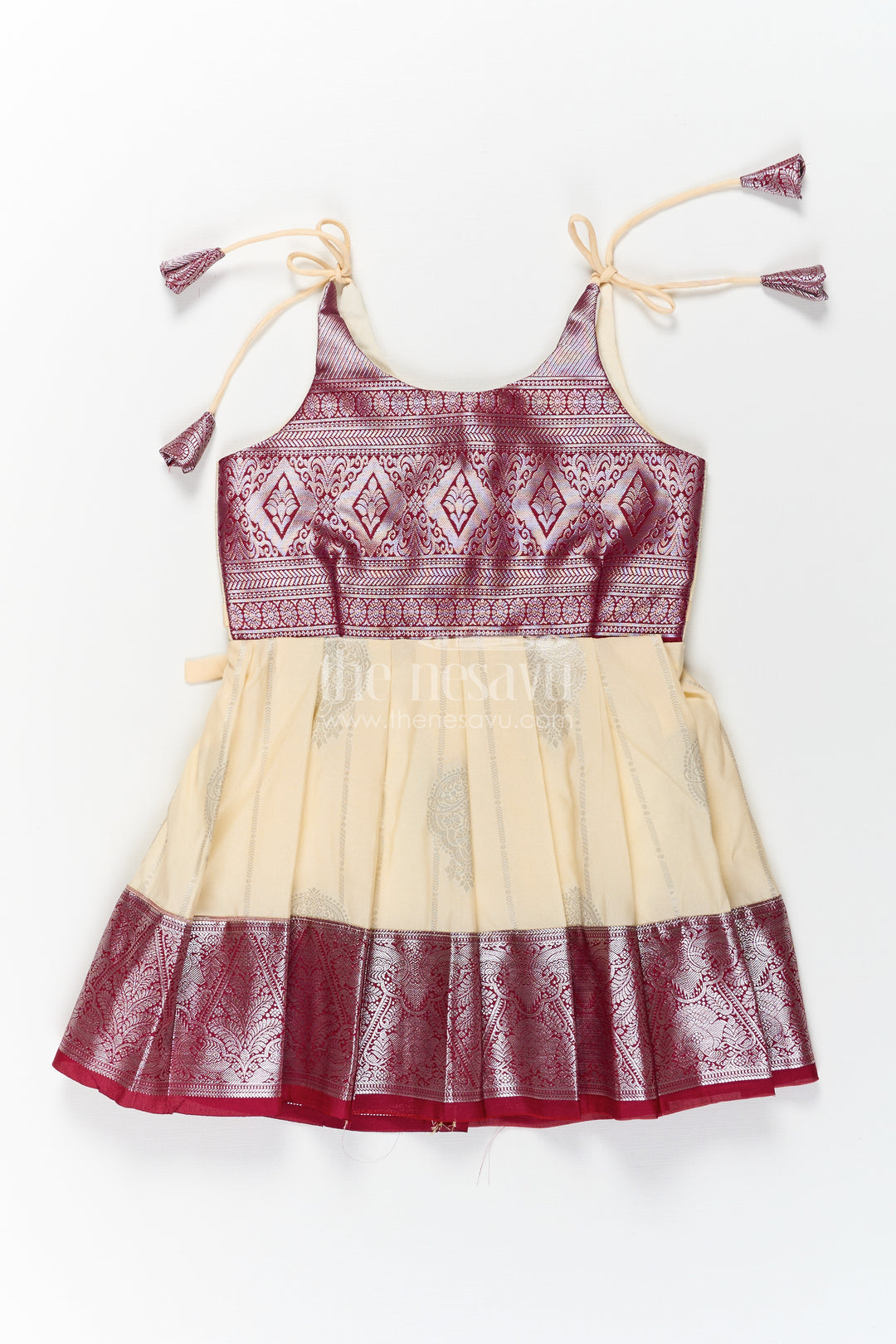 Girls Silk Dress Maroon in Semi Kanchivaram with Tie-Up Sleeves and Elegant Golden Pleated Zari Border Skirt