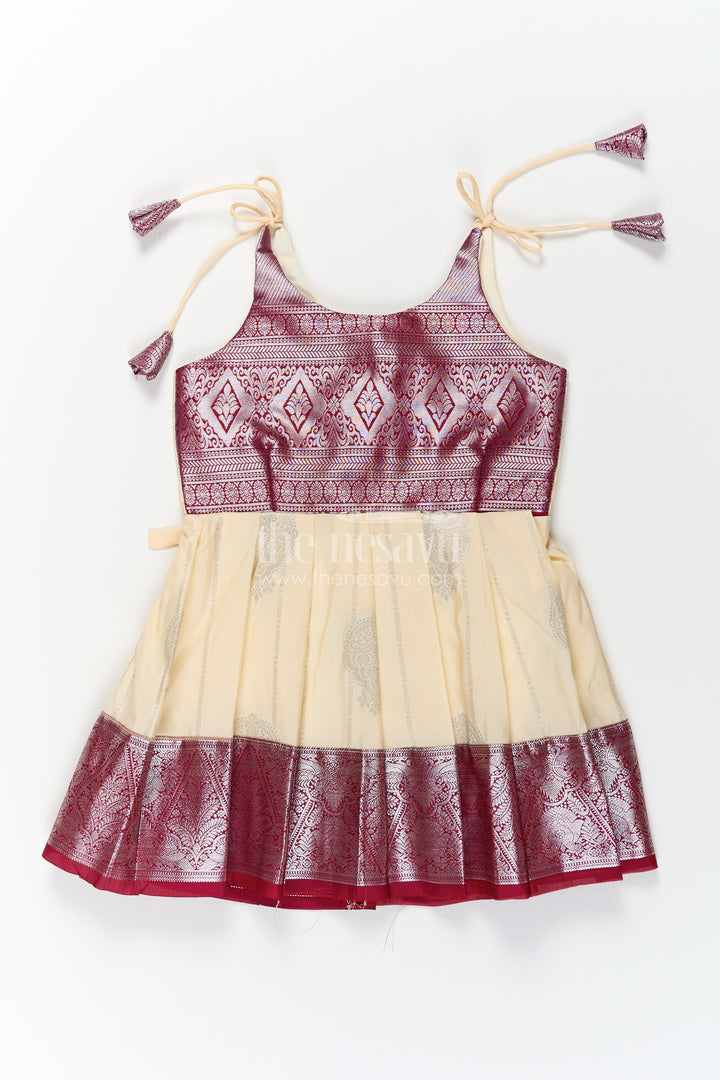 Girls Silk Dress Maroon in Semi Kanchivaram with Tie-Up Sleeves and Elegant Golden Pleated Zari Border Skirt