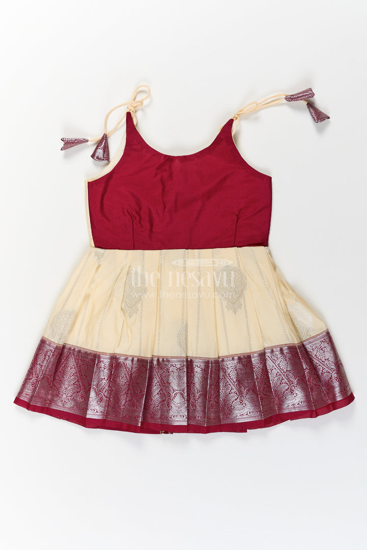 Girls Silk Dress Maroon in Semi Kanchivaram with Tie-Up Sleeves and Elegant Golden Pleated Zari Border Skirt