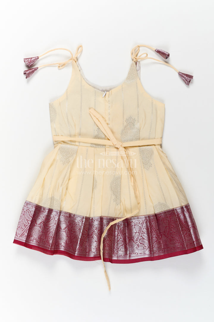 Girls Silk Dress Maroon in Semi Kanchivaram with Tie-Up Sleeves and Elegant Golden Pleated Zari Border Skirt
