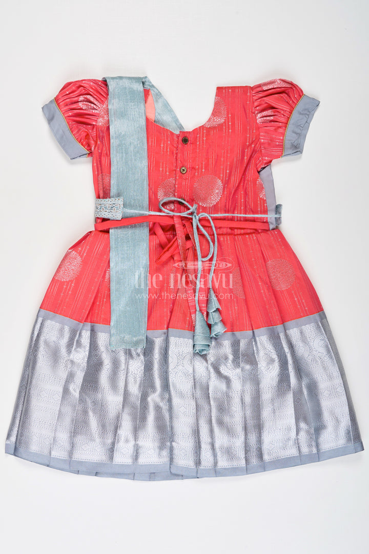 Girls Pattu Frock Model in Blue Semi Kanchivaram Silk with Red Accents and Lace Embellished Dupatta