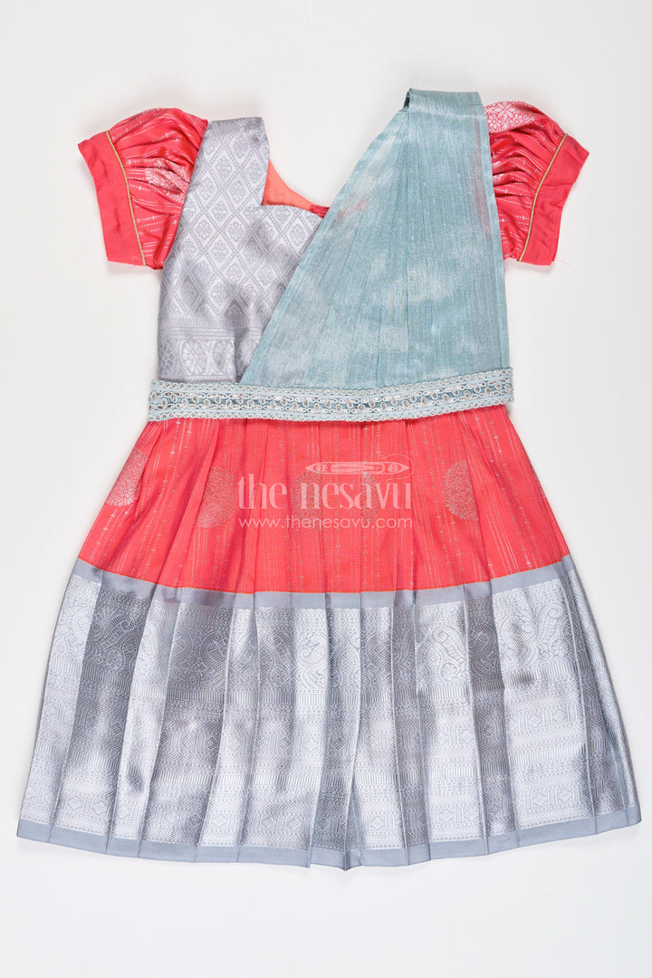 Girls Pattu Frock Model in Blue Semi Kanchivaram Silk with Red Accents and Lace Embellished Dupatta