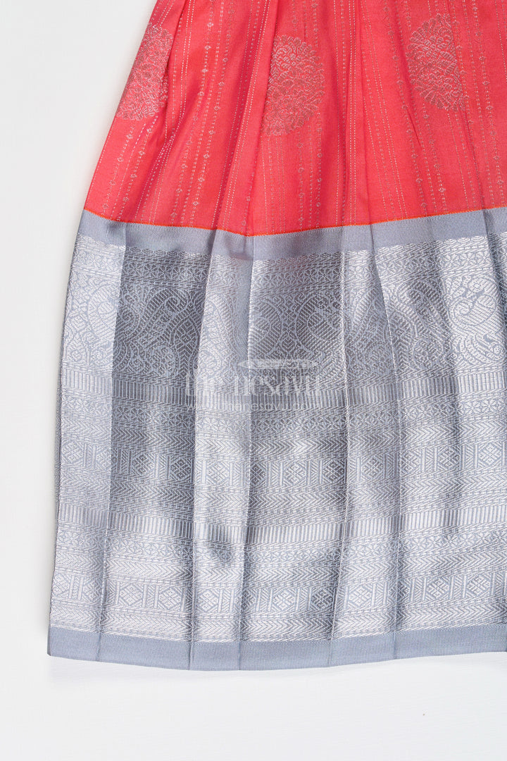 Girls Pattu Frock Model in Blue Semi Kanchivaram Silk with Red Accents and Lace Embellished Dupatta