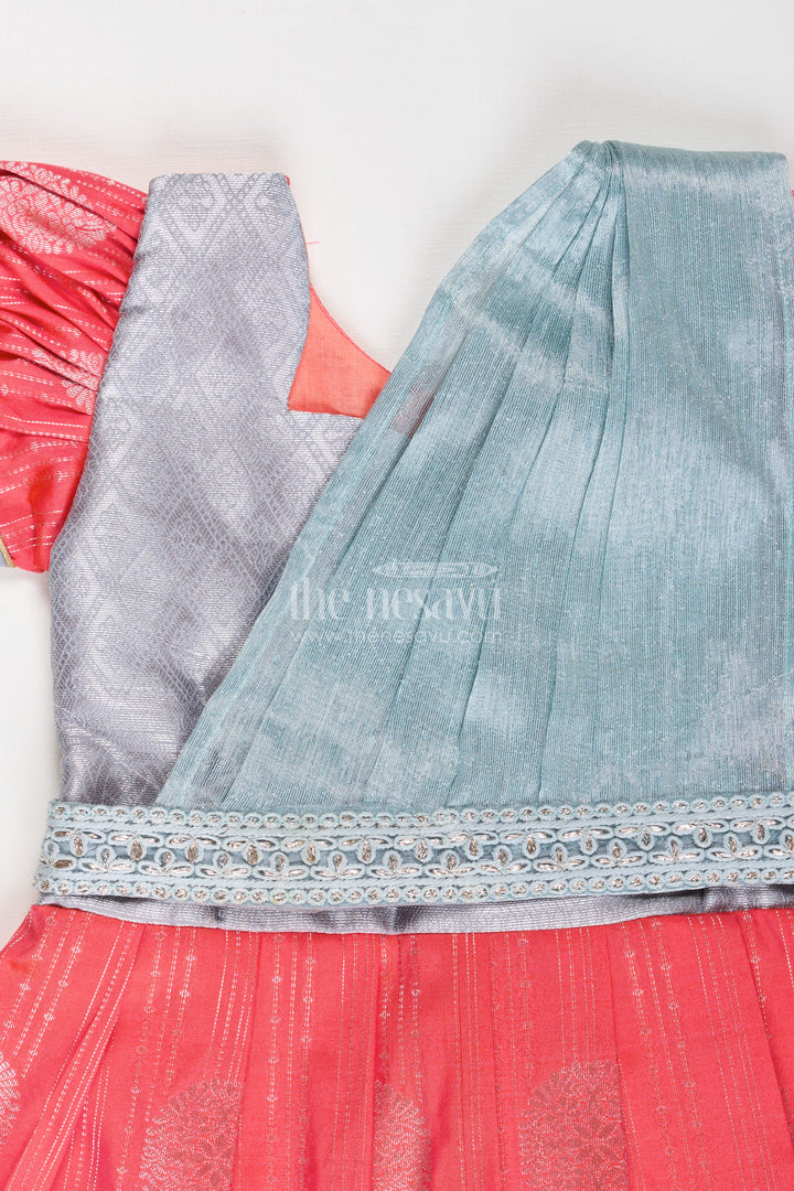 Girls Pattu Frock Model in Blue Semi Kanchivaram Silk with Red Accents and Lace Embellished Dupatta