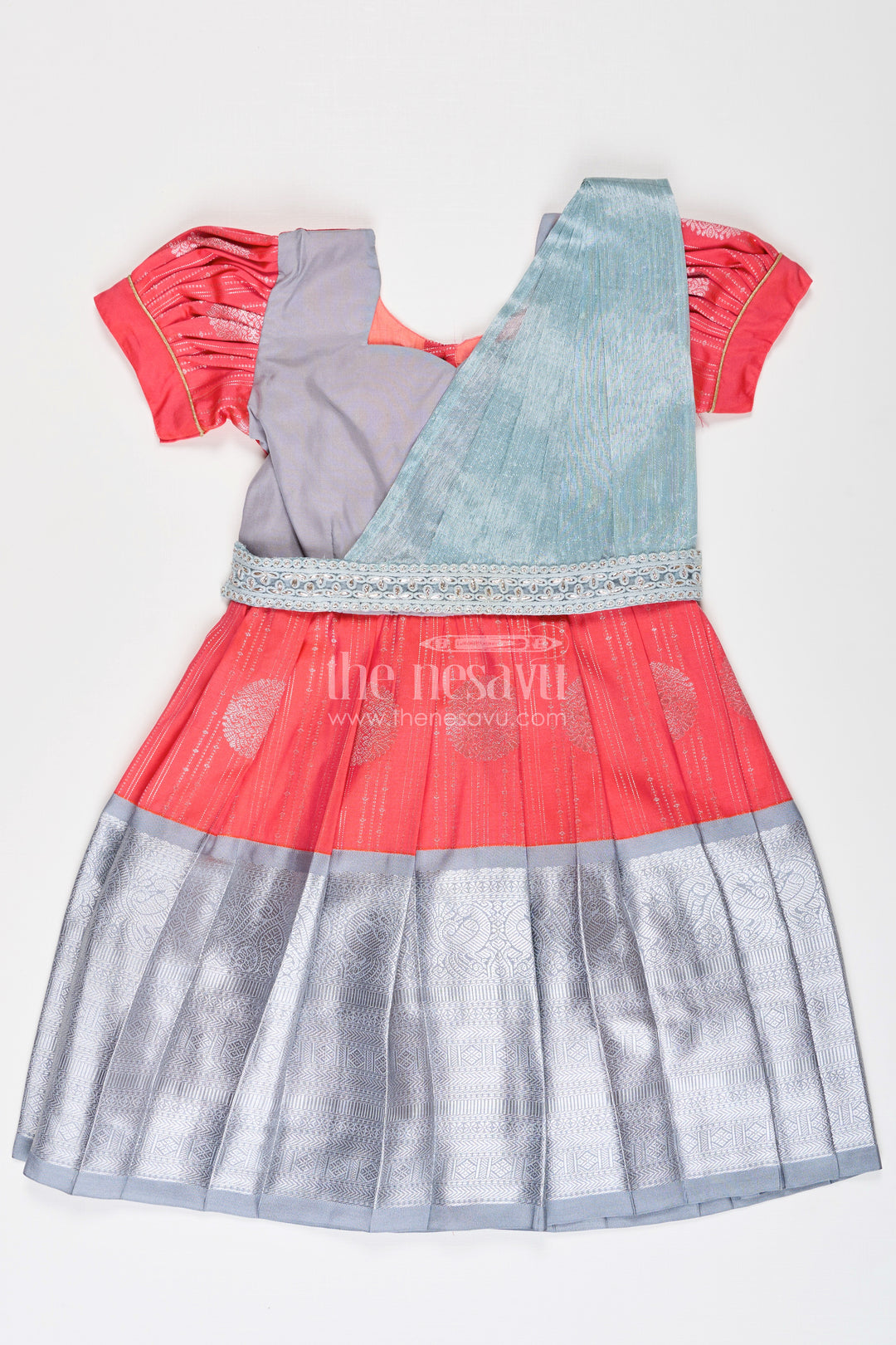 Girls Pattu Frock Model in Blue Semi Kanchivaram Silk with Red Accents and Lace Embellished Dupatta