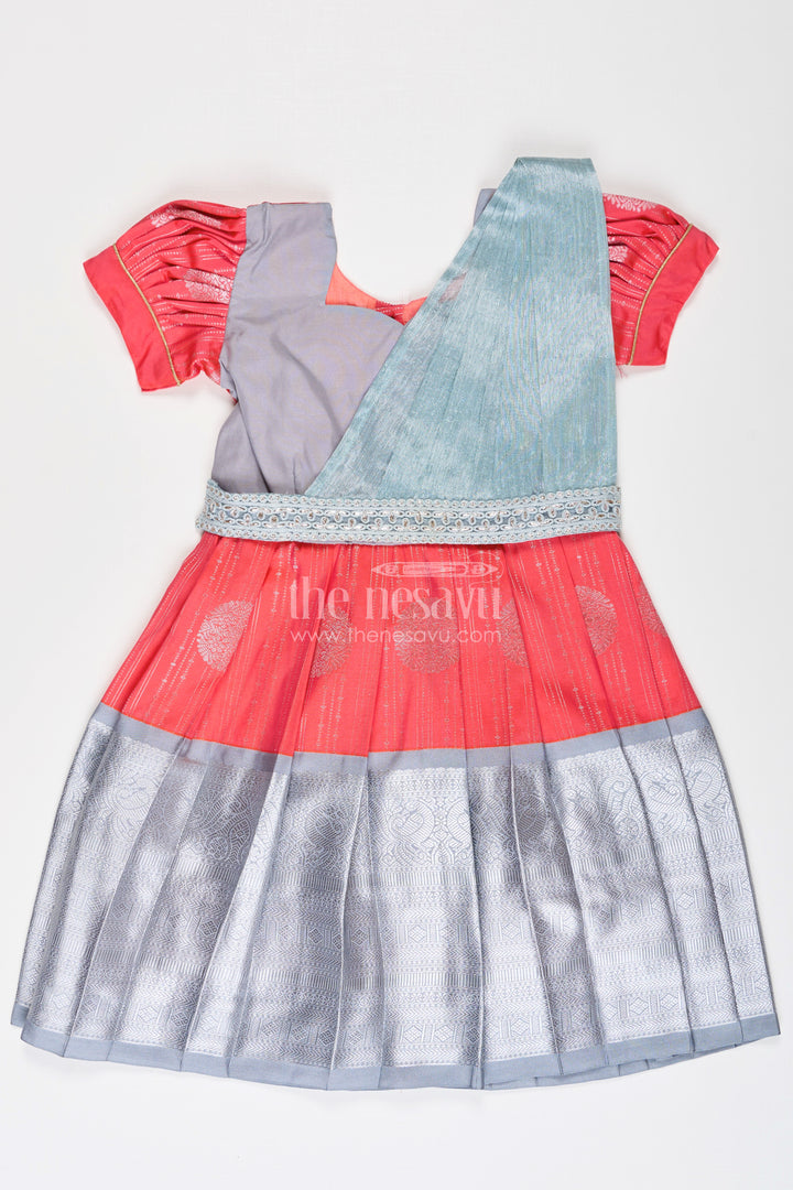 Girls Pattu Frock Model in Blue Semi Kanchivaram Silk with Red Accents and Lace Embellished Dupatta