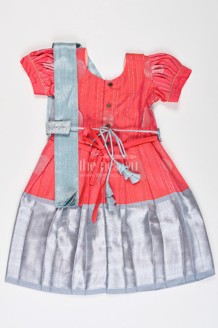 Girls Pattu Frock Model in Blue Semi Kanchivaram Silk with Red Accents and Lace Embellished Dupatta