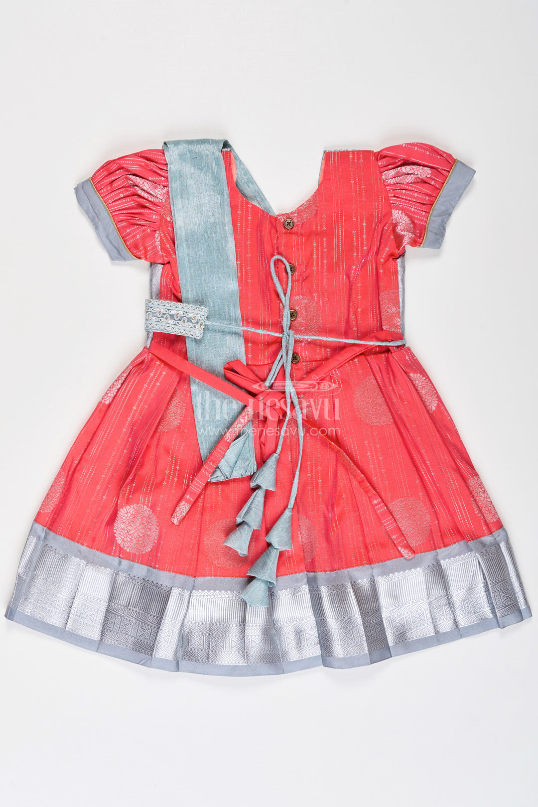 Girls Pattu Frock Model in Blue Semi Kanchivaram Silk with Red Accents and Lace Embellished Dupatta
