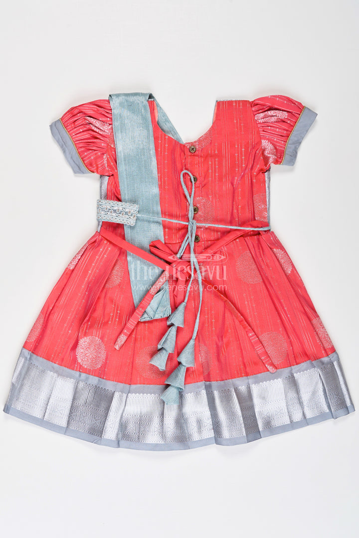 Girls Pattu Frock Model in Blue Semi Kanchivaram Silk with Red Accents and Lace Embellished Dupatta
