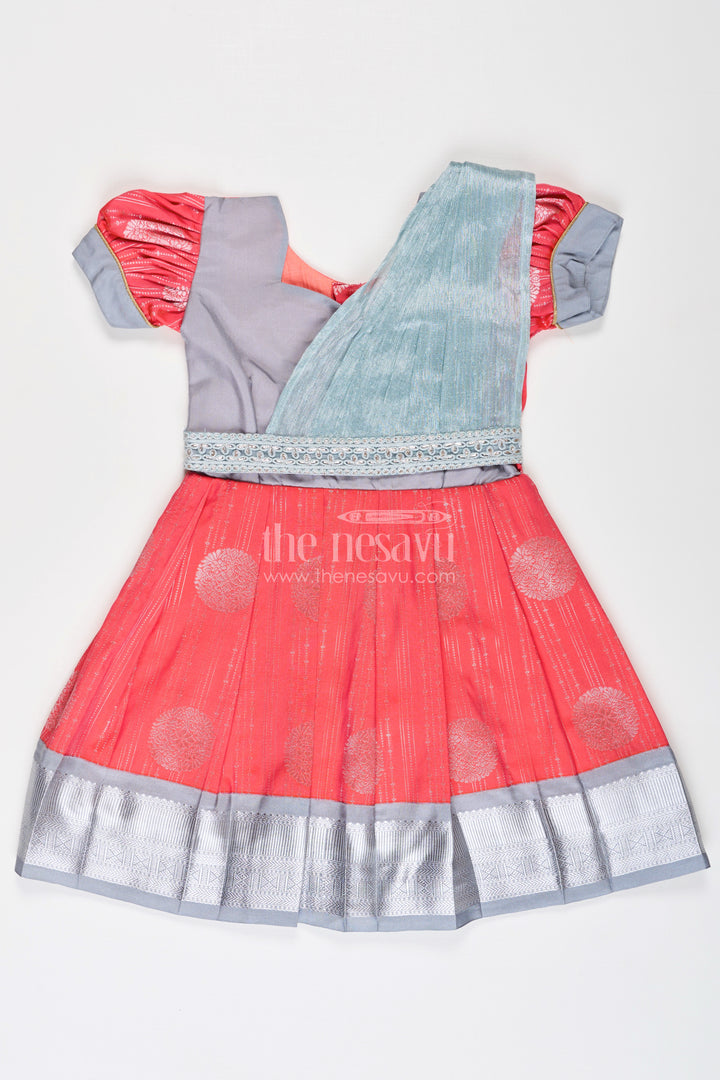 Girls Pattu Frock Model in Blue Semi Kanchivaram Silk with Red Accents and Lace Embellished Dupatta