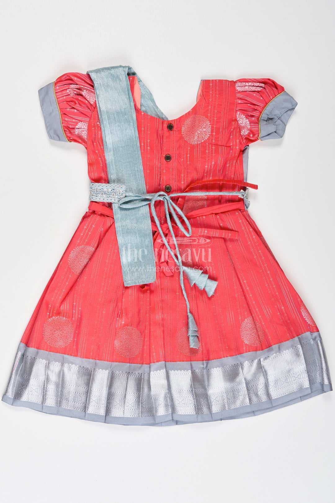 Girls Pattu Frock Model in Blue Semi Kanchivaram Silk with Red Accents and Lace Embellished Dupatta