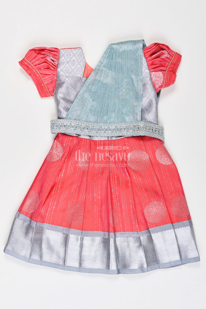 Girls Pattu Frock Model in Blue Semi Kanchivaram Silk with Red Accents and Lace Embellished Dupatta