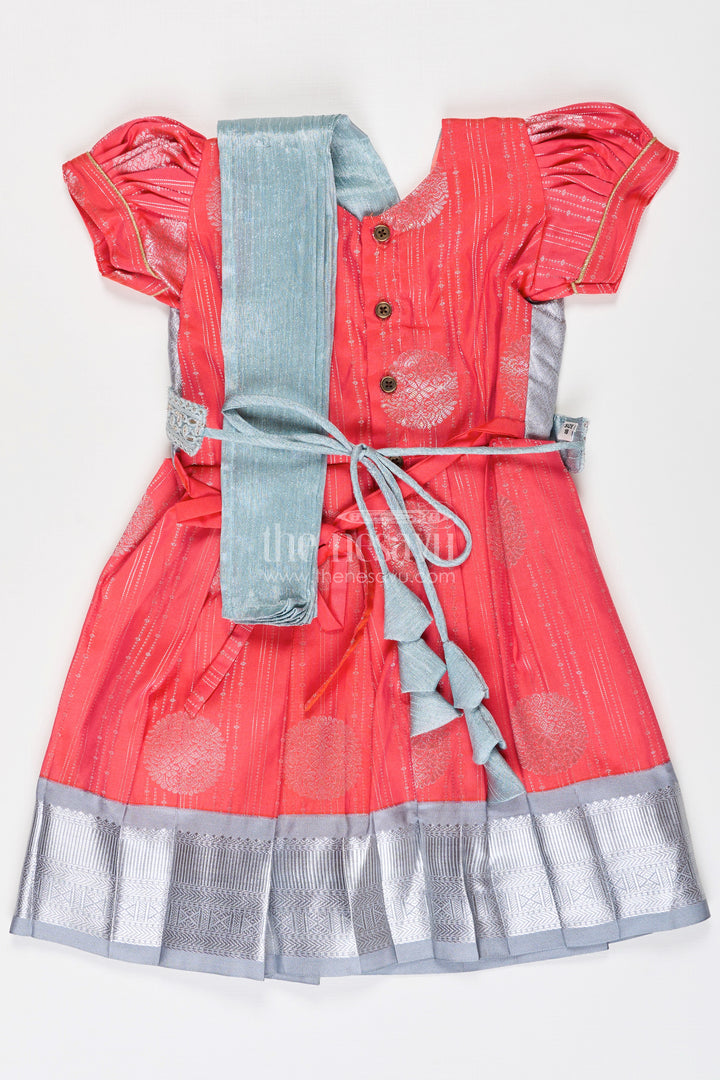 Girls Pattu Frock Model in Blue Semi Kanchivaram Silk with Red Accents and Lace Embellished Dupatta